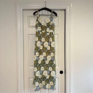 Miss Rosier Floral Lace Slip Dress in Olive and White